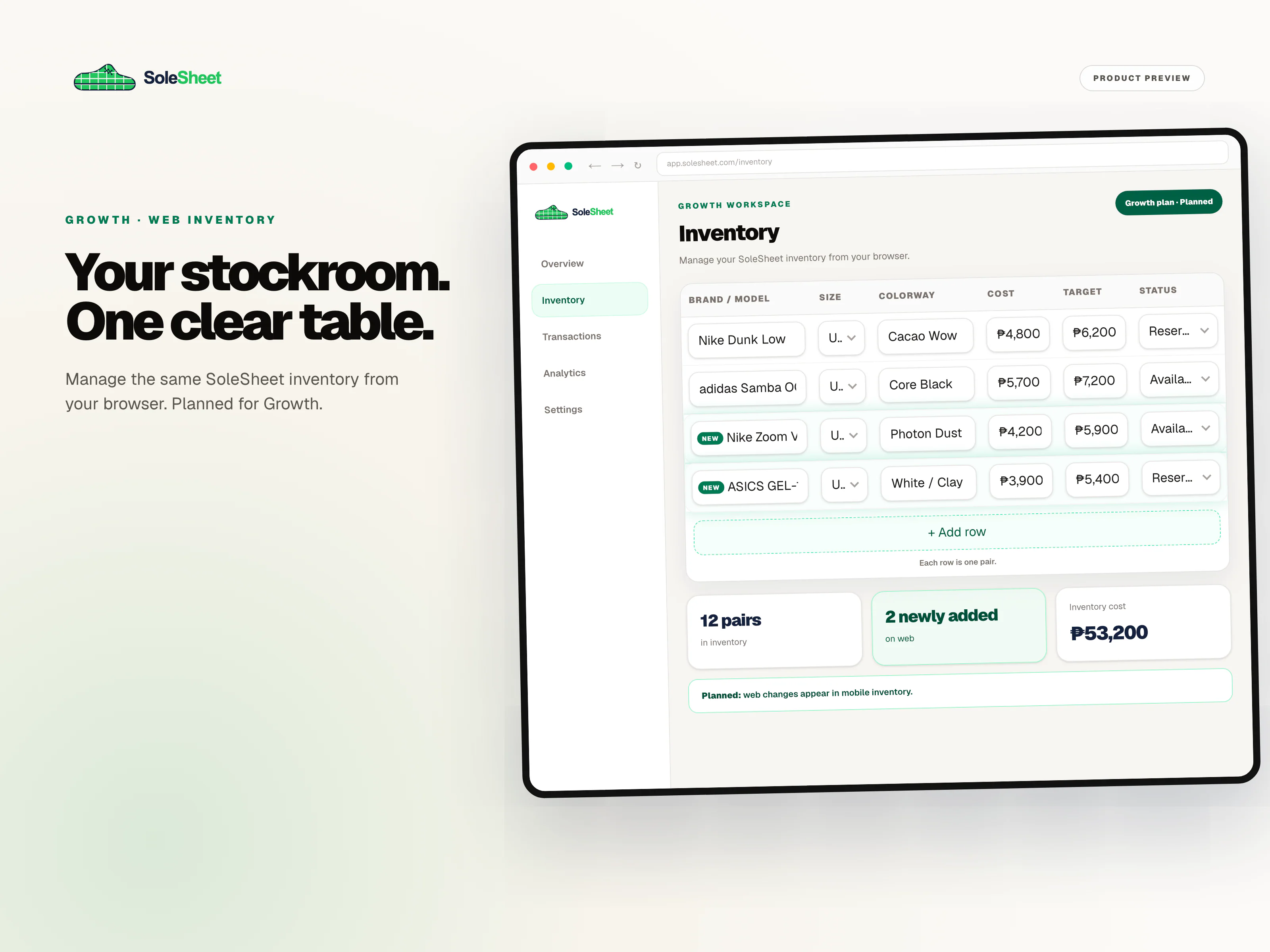 Product preview of the planned Growth Web Inventory workspace showing a fixed-column SoleSheet inventory table, two emerald-highlighted New rows, Add row as pair creation, 12 pairs in inventory, 2 newly added on web, ₱53,200 inventory cost, and planned web changes appearing in mobile inventory.